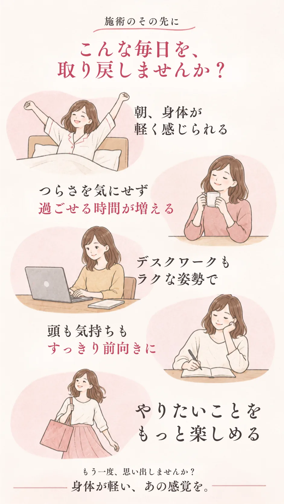 施術のその先に、こんな毎日を取り戻しませんか? 朝、身体が軽く感じられる/つらさを気にせず過ごせる時間が増える/デスクワークもラクな姿勢で/頭も気持ちもすっきり前向きに/やりたいことをもっと楽しめる