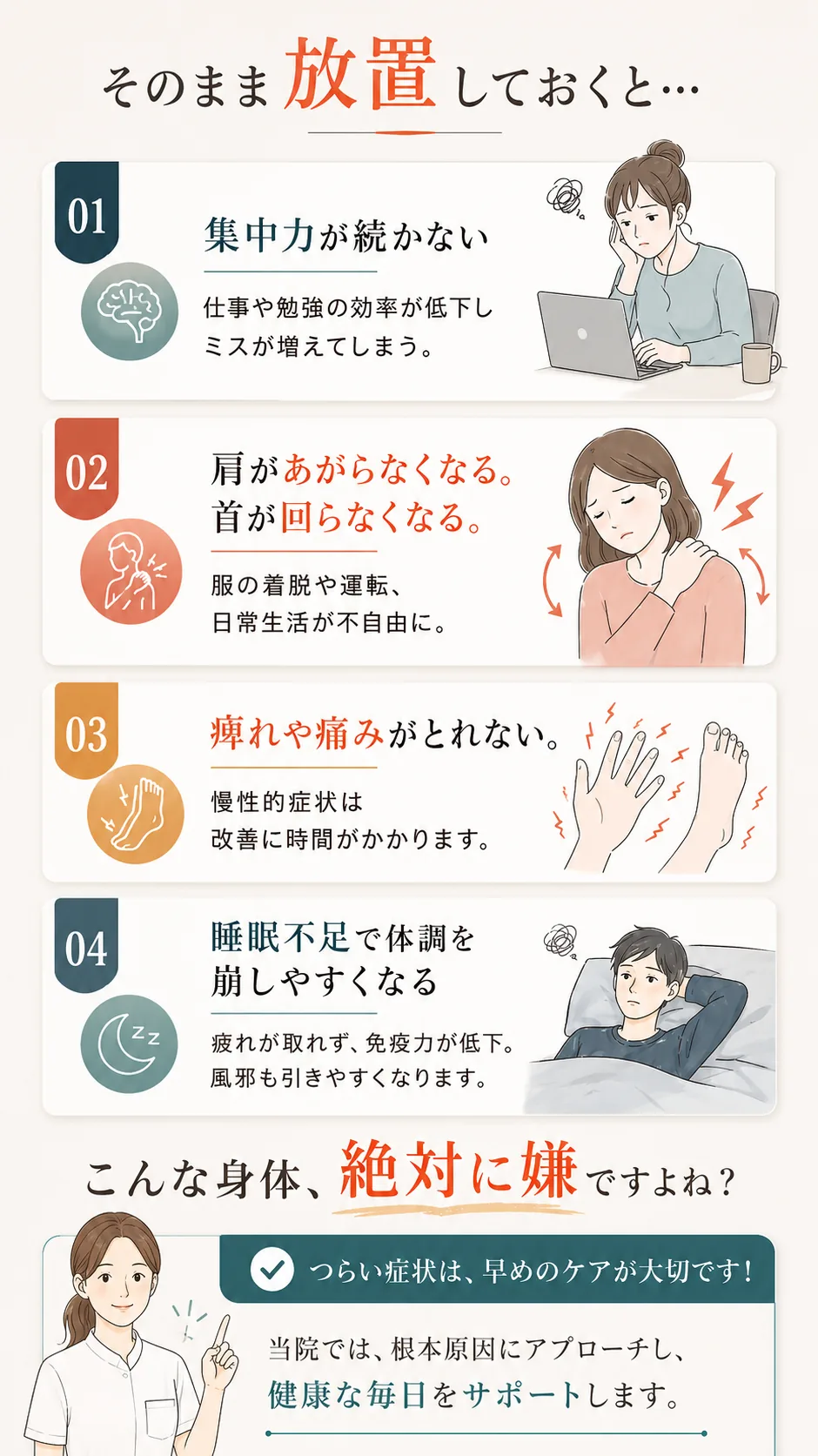 そのまま放置しておくと… 1.集中力が続かない(仕事や勉強の効率が低下しミスが増える)/2.肩があがらなくなる・首が回らなくなる(服の着脱や運転など日常生活が不自由に)/3.痺れや痛みがとれない(慢性的な症状は改善に時間がかかる)/4.睡眠不足で体調を崩しやすくなる(疲れが取れず免疫力が低下)。つらい症状は早めのケアが大切です。